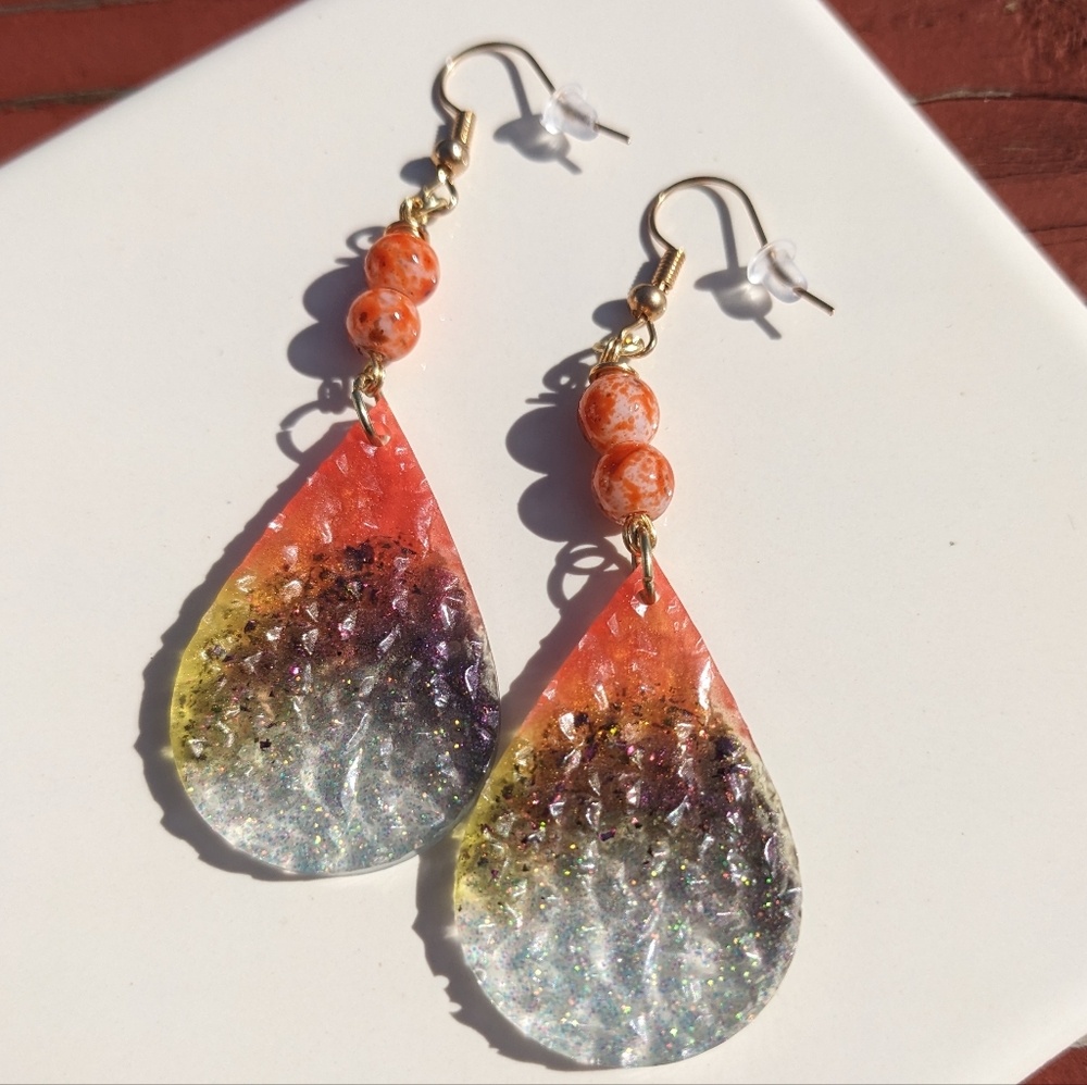 Lightweight Epoxy Resin Orange Sunset Druzy Earrings Handmade Teardrop Art